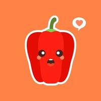 süßer und kawaii roter Paprika. gesundes lebensmittelkonzept. Pfeffer mit Emoji-Emoticon. zeichentrickfiguren für kinder zum ausmalen, ausmalbilder, t-shirt druck, symbol, logo, etikett, aufnäher, aufkleber, vegan vektor