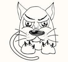 missnöjd och arg kattkaraktär ritad med markör. seriefigur, imitation av ett barns teckning. vektor