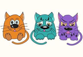 tre roliga katter med olika känslor. tecknade och mångfärgade katter tecken, vektorillustration. vektor
