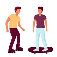 Gruppe von Charakteren, die aktiv ruhen. mann rollerblading und junge reiten auf einem skateboard cartoon flaches charakterdesign isoliert .freizeit, freizeitaktivität und sport freizeitkonzept vektor