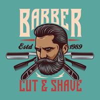 Barbershop-Emblem mit Männergesicht und Rasierklingen vektor