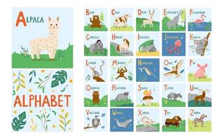 niedliches tieralphabet für die kindererziehung von a bis z. kindliche vektorschrift für kinder abc buch mit handgezeichneten tierfiguren vektor