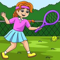 mädchen, das tennis spielt, farbige karikaturillustration vektor