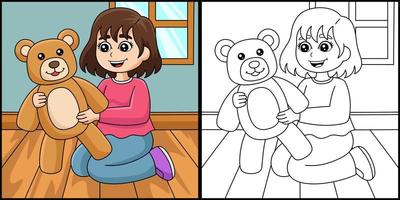 mädchen, das einen teddybären hält, der illustration färbt vektor
