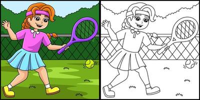 flicka spelar tennis målarbok illustration vektor