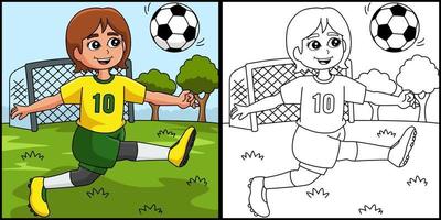 flicka spelar fotboll målarbok illustration vektor