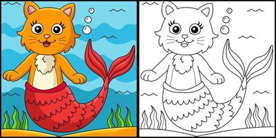 katt sjöjungfru målarbok färgad illustration vektor