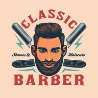 Barbershop-Emblem mit Männergesicht und Rasierklingen vektor