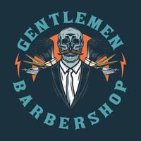 Totenkopf-Herren-Friseurladen-Emblem mit Saloon-Werkzeugen vektor