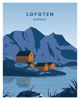 lofoten norwegen landschaftshintergrund. buchtansicht mit gebäudevektorillustration. geeignet für Poster, Postkarten, Kunstdrucke. vektor
