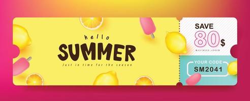 sommar present kampanj kupong banner med citron och rosa glass vektor