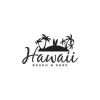 hawaii turism strand med kokospalmer och surfbräda logotyp vektor ikon illustration design