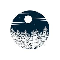 Pinienwald mit Mond in der Nacht Logo Vektor Icon Illustration Designvorlage