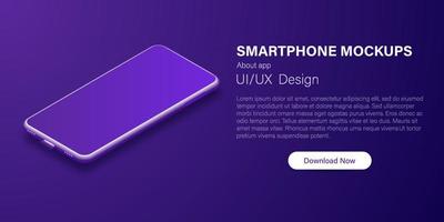 imaginäres Smartphone. Vektor 3D-Handy in Perspektive. digitales layout mit trendigem lila verlauf. Muster vor bläulich-violettem Hintergrund.