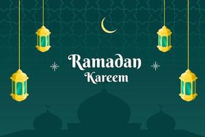 ramadhan kareem banner design. med gyllene laterns, moské och grön bakgrund vektor
