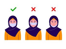 hur man bär en mask korrekt. instruktioner med en muslim och instruktioner om fel och rätt sätt att bära en ansiktsmask, framifrån. vektor illustration.