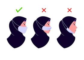 wie man eine Maske richtig trägt. Anweisungen mit einem Muslim und Anweisungen zum falschen und richtigen Tragen einer Gesichtsmaske, Vorderansicht. Vektor-Illustration vektor
