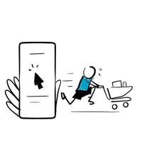 handritad doodle mobiltelefon och kundvagn symbol för online shopping illustration vektor