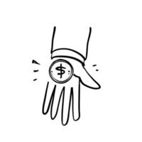 handritad doodle mynt på palm hand illustration vektor isolerade