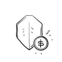handritad doodle sköld och pengar symbol för säker betalning garanterad illustration isolerade vektor