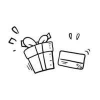 handgezeichnetes doodle-karten- und geschenkillustrationssymbol für geschenkkarte, treueprogramm, punkte sammeln, geschenkbox einlösen, mehr rabatt, vergünstigungen konzept cartoon vektor