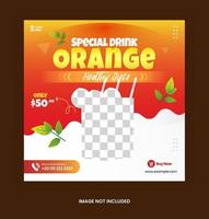 post orange frische getränkevorlage für social media werbebanner mit glänzend orange farbe und blattverzierung vektor