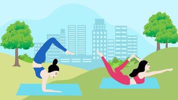 frauen, die yoga in der parkvektorillustration tun vektor