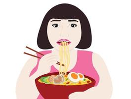 Fette Frau, die Ramen-Nudel-Vektorillustration isst vektor