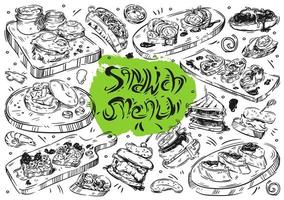 Hand gezeichnete Linie Vektorillustrationslebensmittel auf weißem Hintergrund. Sandwich-Menü, Sandwiches, Bruschetta, Crostini, Burger vektor