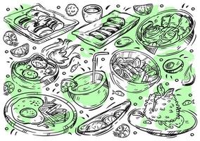 handritad linje vektor illustration mat på vita tavlan. doodle thailändsk mat, kött sua rong hai, pad krapow, tom yum soppa, khao pad gai, ananas fred ris, banan roti, kyckling satay, kokosjuice