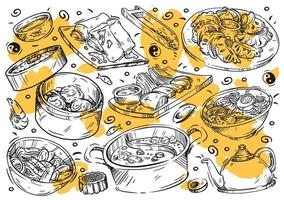 handritad vektor linje illustration mat. doodle kinesiskt kök, vårrullar, tom yum soppa, ramen, har gow klimpar, sojasås, grönt te, yue bing, hotpot, nudlar, bao, ris, pekinganka kött