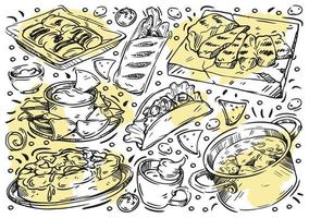 hand gezeichnete linie vektorillustration essen. doodle mexikanische küche, gegrilltes fleisch, klassischer tres leches kuchen, pico de gallo, taco, burrito, salsa, nachos, kaffee, sauce, pfannkuchen, shawarma, gemüseeintopf vektor