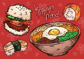 illustration för det koreanska köket. handritad skiss. bibimbap, semlor, sushi, risburgare. koreansk gatumat, design för take away-menyn. vektor färguppsättning