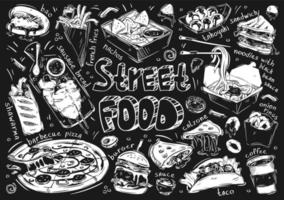 hand gezeichnete vektorillustration. doodle street fast food, bao, pommes frites, wurstbrot, grillpizza, shawarma, nachos, takoyaki, sandwich, nudeln, calzone, burger, taco, sauce, kaffee vektor