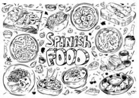 handritad vektorillustration. doodle spansk mat, gazpacho, fabada, paella, patatas bravas, chorizo, leche frita, churros, vin, tapas, vitlöksräkor, allioli, albondigas vektor