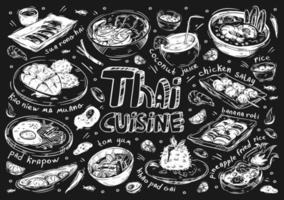 hand gezeichnete vektorillustrationsnahrung. doodle thailändische küche, fleisch sua rong hai, kaoniew ma muang, pad krapow, tom yum suppe, khao pad gai, ananas fred rice, bananen roti, hähnchen satay, kokosnusssaft vektor