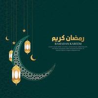 ramadan kareem islamischer arabischer grüner luxushintergrund mit geometrischem muster und schöner halbmondverzierung mit laternen vektor