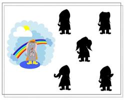 spiel für kinder finde den richtigen schatten, ein niedlicher cartoon-elefant steht in der nähe des regenbogens vektor