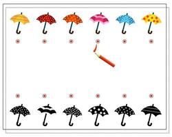 ein logisches Spiel für Kinder, finden Sie den richtigen Farbton für Regenschirme mit verschiedenen Mustern vektor