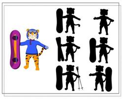 ein Spiel für Kinder, den richtigen Schatten finden, ein Cartoon-Tiger mit einem Snowboard vektor
