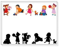 Logikspiel für Kinder Finde den richtigen Schatten. süße karikaturkinder, die mit spielzeug spielen. vektor