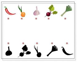 Puzzlespiel für Kinder Finden Sie den richtigen Farbton, Gemüse. vektor