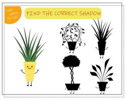 Logikspiel für Kinder Finde den richtigen Schatten, niedliche Cartoon-Blume in einem Kawaii-Topf. vektor