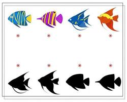 pusselspel för barn hitta rätt skugga, havsfisk vektor
