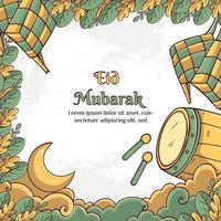 eid mubarak illustration med ketupat och bedug koncept. handritad och platt stil vektor