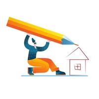 en flicka med en stor penna ritar ett tänkt hus. vektor