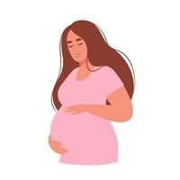 glückliche Frau, die ein Baby erwartet. schwangere Frau mit Bauch. konzept von schwangerschaft und mutterschaft. flache vektorillustration. vektor