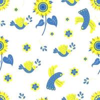 ukrainisches nahtloses muster. gelb-blaue Vögel und Sonnenblumen auf weißem Hintergrund mit Blumen und Friedenstaube mit Zweig im Schnabel. vektorillustration in den farben der ukrainischen flagge für dekor, design vektor