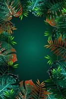 sommergrünes tropisches flyerdesign mit tropischen blumen und monsterblättern. Rahmendesign. Platz kopieren vektor