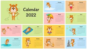 horizontale desktop-kalendervorlage 2022. die woche beginnt am sonntag. druckfertiger kalender mit chinesischem jahressymbol cartoon tiger. ein Satz von 12 Seiten und einem Umschlag. alle Monate. Mehrfarbiger Hintergrund vektor